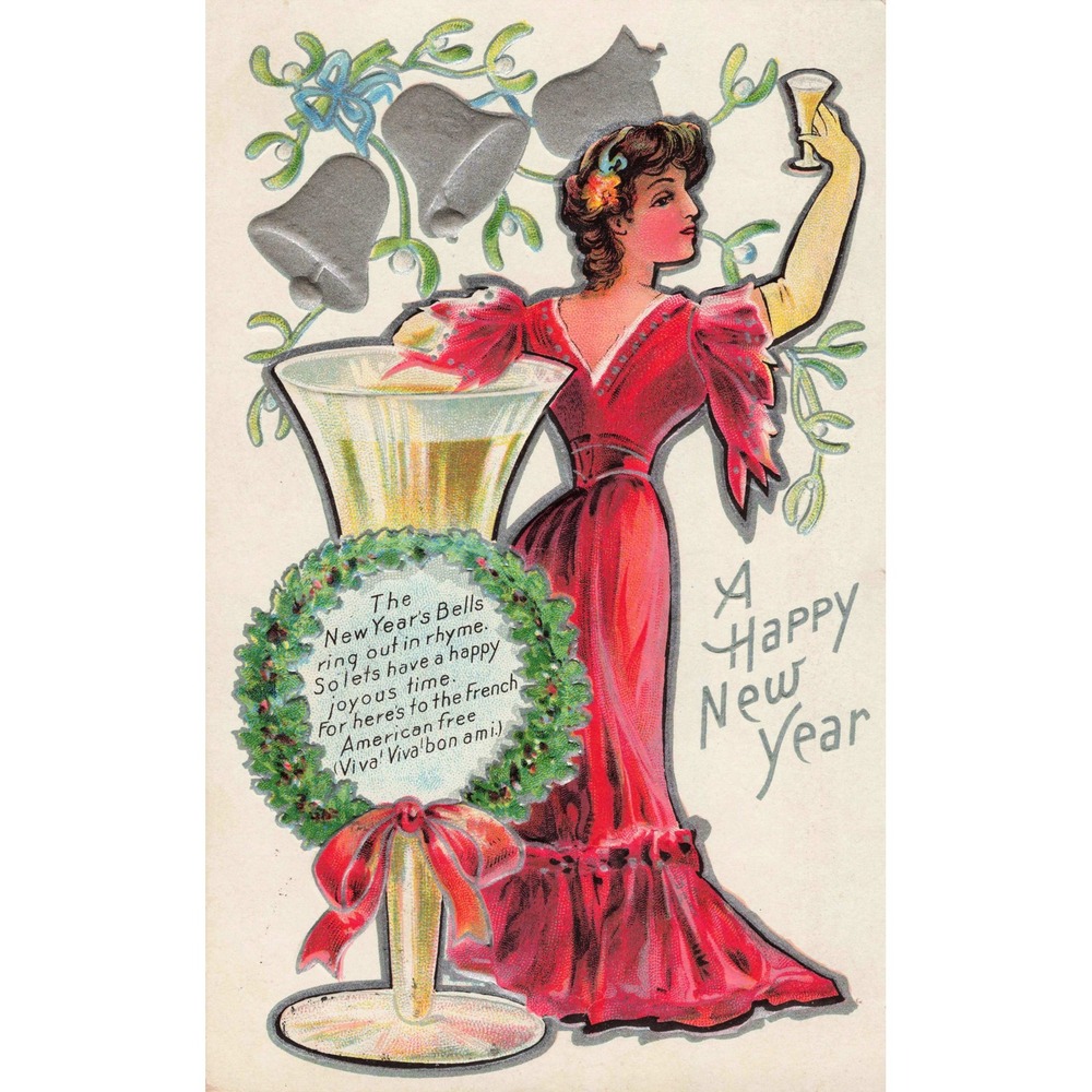 New Year Postcard Woman Red Dress Champagne Toast French American 1912 Embossed